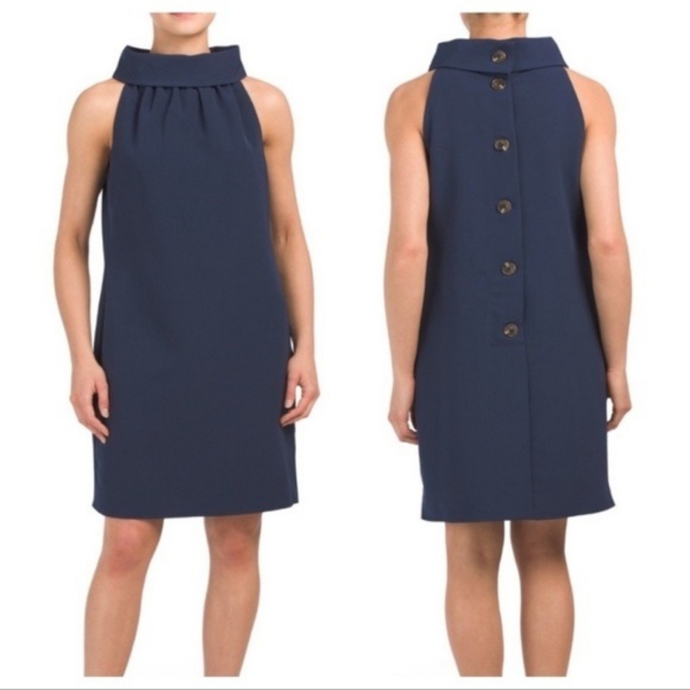 Sail To Sable Navy Sleeveless Button Down Back High Neck Dress Size M